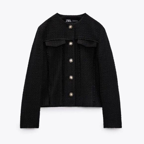 NWT Zara Structured Tweed Wool Blend Blazer Black Gold Buttons Size XS - Picture 1 of 10